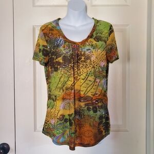 Emily Stacy Top Multicolor Artsy Abstract Vintage Vibe Pullover Short Sleeves Sm